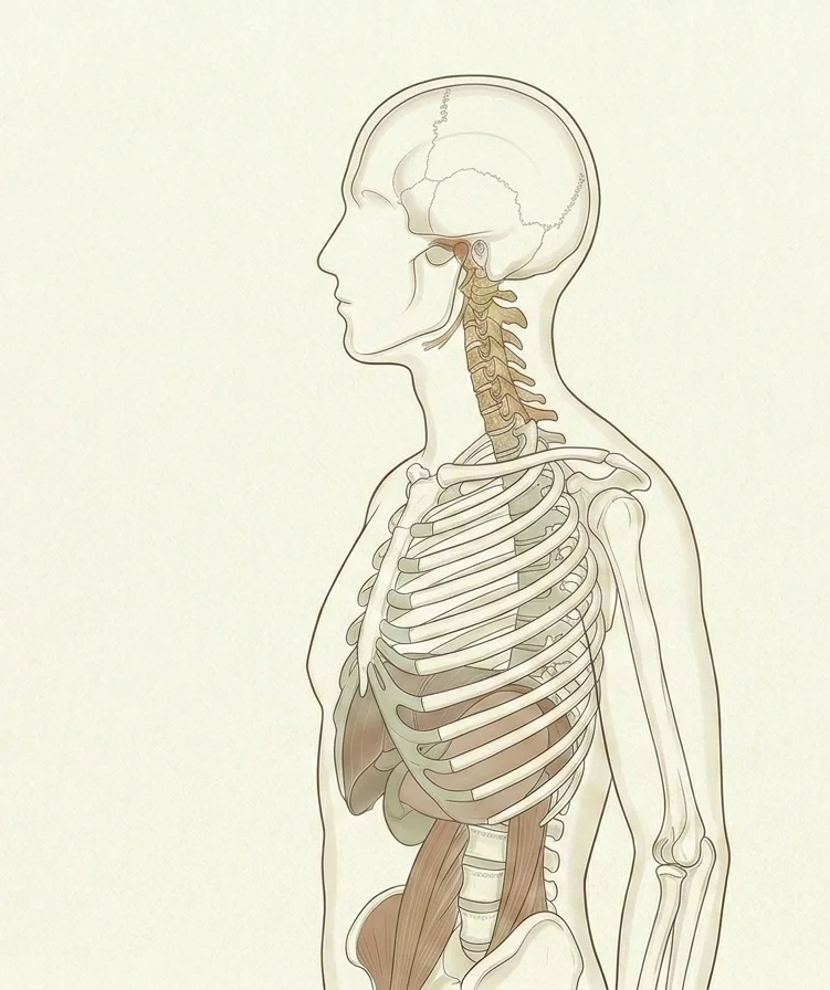 Représentation anatomique des cervicales, de la base du crâne et de l'ATM — accompagnement des cervicalgies à Dijon par la méthode Poyet