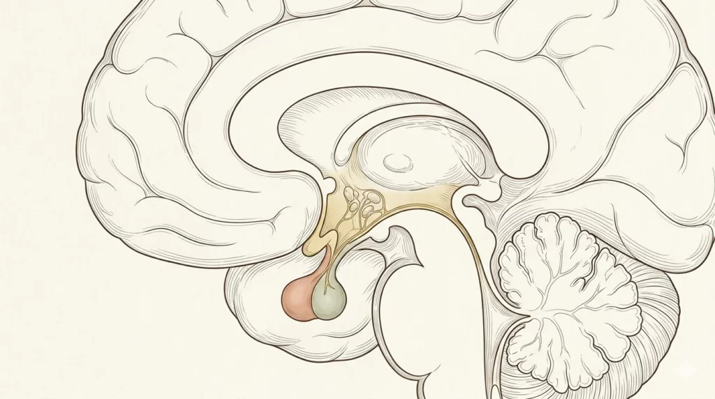 Représentation anatomique de l'axe hypothalamo-hypophysaire — chef d'orchestre hormonal abordé en méthode Poyet à la ménopause